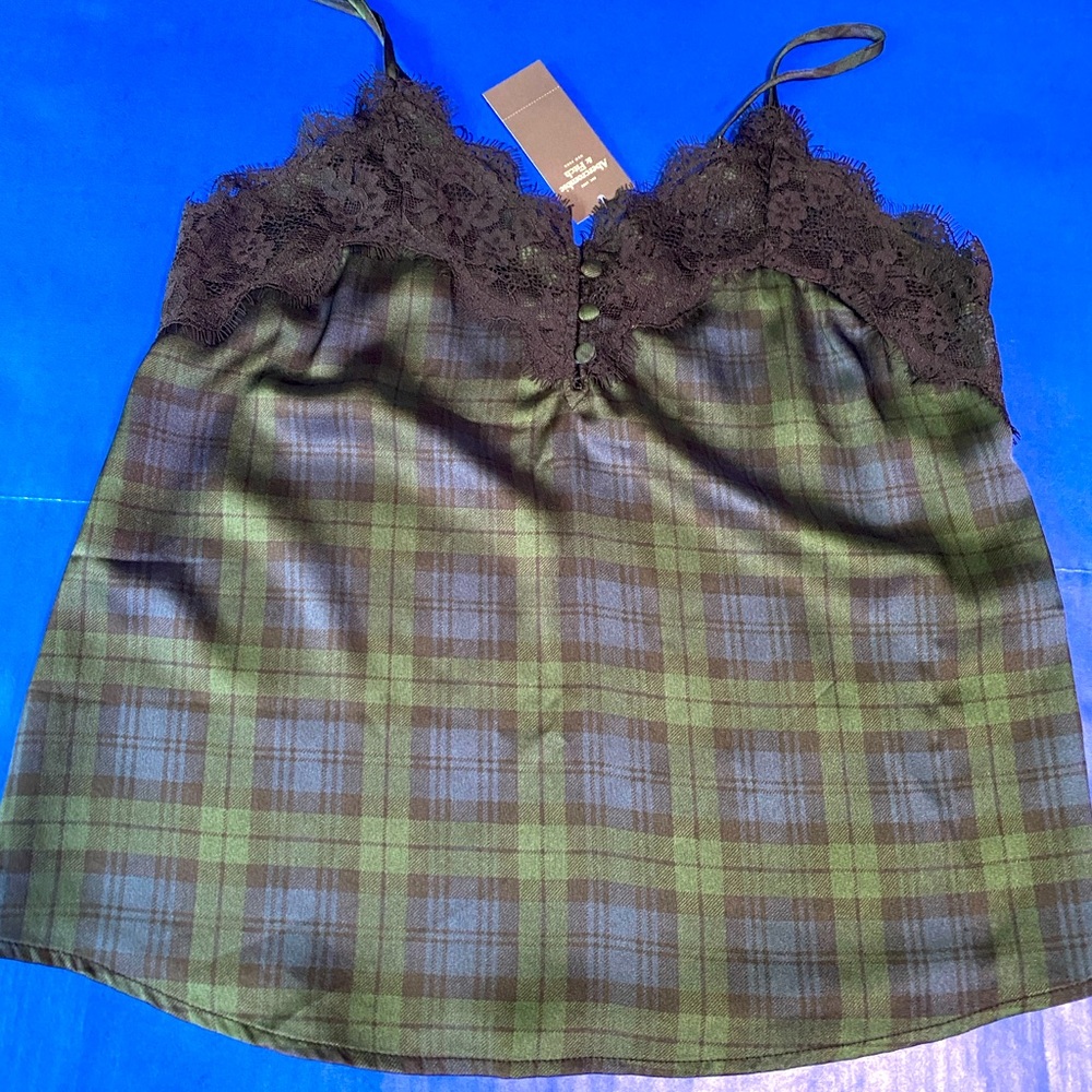 Abercrombie & Fitch NWT Plaid Green/Blue/Black w/Lace Camisole Adj Straps XS